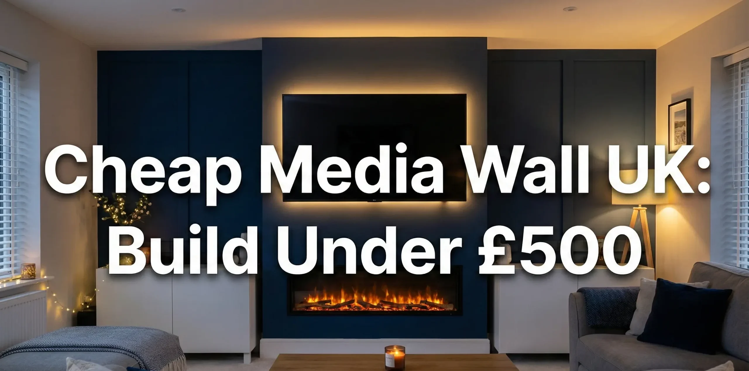 A wide-angle landscape photograph of a cozy UK living room at night, featuring a DIY media wall with a large mounted television, warm LED backlighting, and a modern electric fireplace. The dark blue wall is flanked by white storage cabinets. Large white text overlaid on the image reads "Cheap Media Wall UK: Build Under £500".