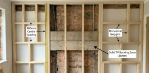 Annotated technical diagram of media wall framing showing 400mm CLS stud spacing, horizontal noggins, and solid 38mm scaffold board backing for TV mounting