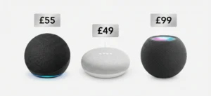 Studio product photography on a seamless white background showing three smart speakers in a line with price tags above them: a charcoal Amazon Echo Dot (£55), a chalk Google Nest Mini (£49), and a space grey Apple HomePod Mini (£99).