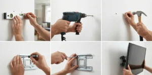 A grid of six photographs showing hands performing a TV installation. Steps shown are: marking the wall with a spirit level, drilling holes with a power drill, inserting wall anchors, hammering anchors flush, screwing the metal bracket to the wall, and lifting the TV onto the mounted bracket.