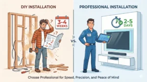 An illustration comparing installation methods. The left side, "DIY Installation," shows a confused man amidst construction mess and a manual, with a "3-4 Weeks" calendar. The right side, "Professional Installation," shows a uniformed installer with a tablet next to a perfectly finished wall, with a "2-5 Days" timer.