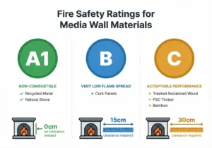 An educational infographic explaining fire safety ratings for media wall materials. It shows three categories: A1 (Green, Non-Combustible, 0cm clearance), B (Blue, Very Low Flame Spread, 15cm clearance), and C (Amber, Acceptable Performance, 30cm clearance), listing example materials for each.