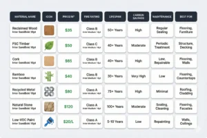 A data table comparing various construction materials like Reclaimed Wood, FSC Timber, Cork, Bamboo, Recycled Metal, Natural Stone, and Low-VOC Paint. Columns include Price/m², Fire Rating, Lifespan, Carbon Savings, Maintenance, and Best For applications.