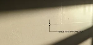 Extreme close-up of a painted MDF media wall joint showing a visible hairline crack under raking light, demonstrating the finish issues of timber sheet construction.