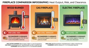 A three-panel infographic comparing fireplaces. The left panel shows a Wood Burner (High Risk, 100°C+, 36-48" clearance). The middle panel shows a Gas Fireplace (Moderate Risk, 70°C, 12-36" clearance). The right panel shows an Electric Fireplace (Low Risk, 40°C surface temp, 0-12" clearance).