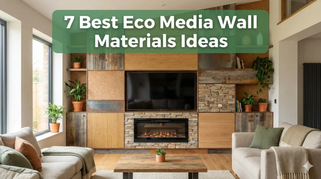 Modern living room featuring a stylish eco-friendly media wall built with mixed sustainable materials like reclaimed wood, cork, and stone textures. The image has a green title overlay reading "7 Best Eco Media Wall Materials Ideas".