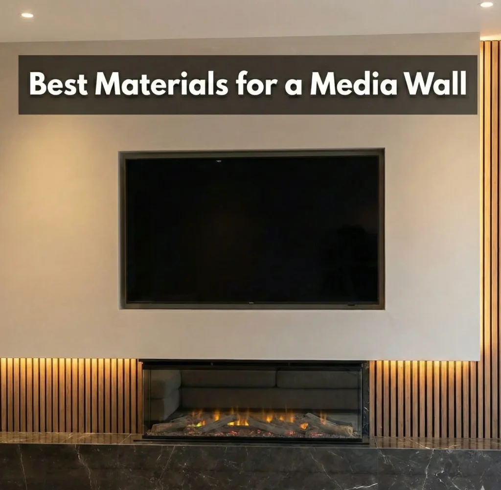 Feature image showing a modern luxury media wall built with mixed materials including smooth plaster, vertical wood slatting, and a dark marble hearth. A semi-transparent black banner across the top displays the white text 'Best Materials for a Media Wall'