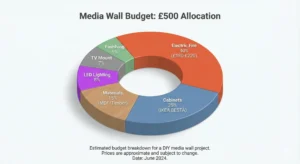 A 3D pie chart infographic titled "Media Wall Budget: £500 Allocation". The chart displays a breakdown of expenses: Electric Fire 40% (£180-£220), Cabinets 25% (IKEA BESTÅ), Materials 15% (MDF/Timber), LED Lighting 8%, TV Mount 7%, and Finishing 5%.