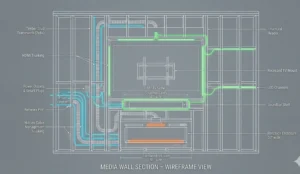 A technical architectural wireframe illustration of a media wall's internal structure. It shows the timber stud framework, labeled paths for hidden HDMI and power trunking (highlighted in neon blue), LED lighting channels (highlighted in neon green), the recessed TV mount, soundbar shelf, and fireplace enclosure.
