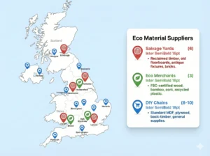 A map of the United Kingdom illustrating the locations of eco material suppliers. A legend on the right categorizes them into Salvage Yards (red pins, 6 locations), Eco Merchants (green pins, 3 locations), and DIY Chains (blue pins, 8-10 locations nationwide).