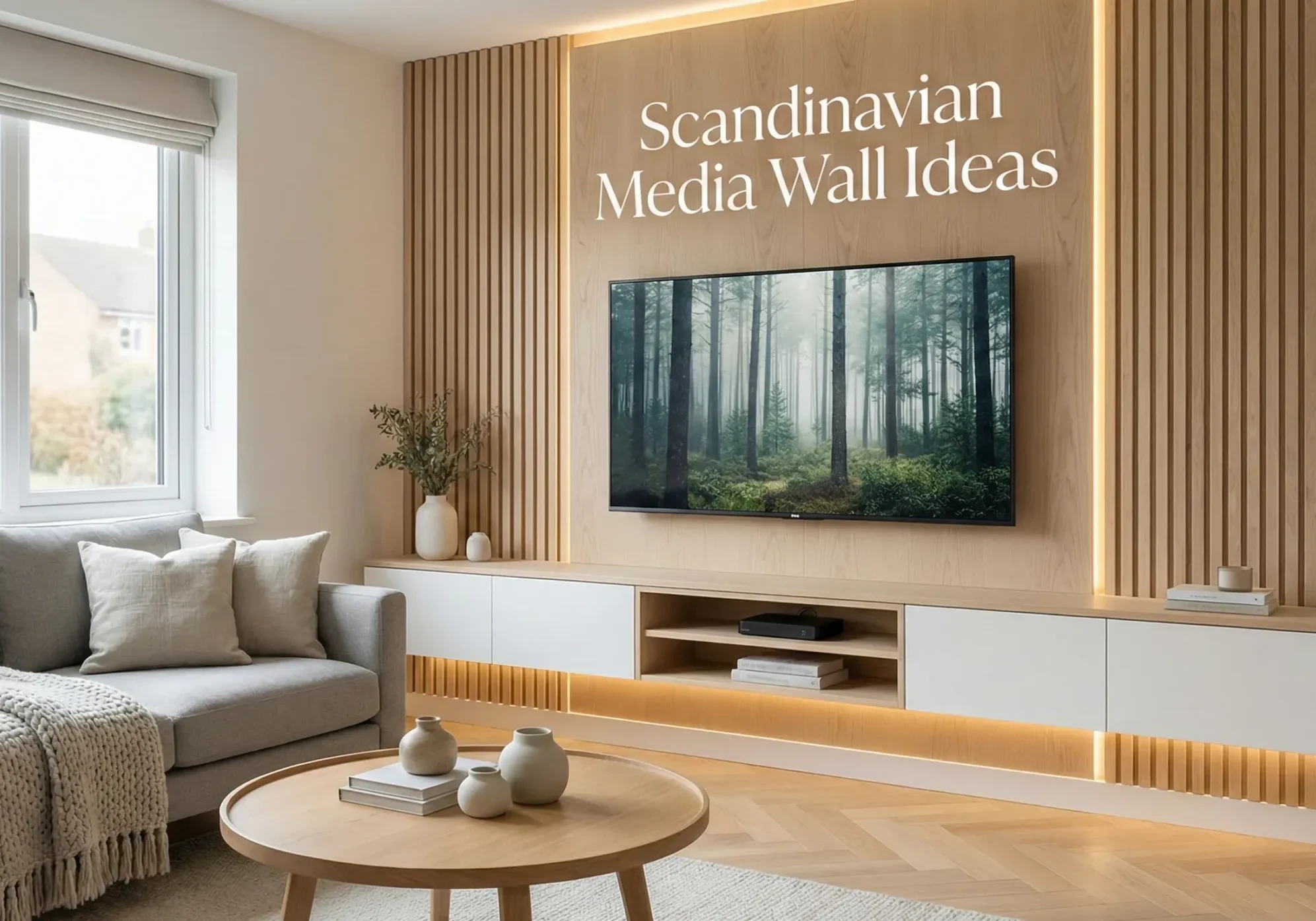 Feature image of a modern Scandinavian media wall with birch wood slats and white floating cabinets in a bright living room, with text overlay reading "Scandinavian Media Wall Ideas".