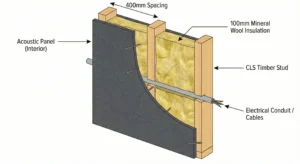 Cross-section diagram of a soundproofed media wall showing CLS timber studs, 100mm mineral wool insulation, and acoustic panelling layers for noise reduction.