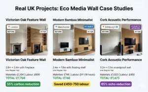 A magazine-style layout presenting three case studies of eco media wall projects in the UK. It features "Before" and "After" photos, project specifications, total costs, and key benefits for a Victorian Oak Feature Wall in London, a Modern Bamboo Minimalist wall in Manchester, and a Cork Acoustic Performance wall in Edinburgh.
