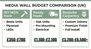 Scandinavian media wall budget comparison for UK homes showing three price tiers