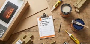 A top-down flat-lay photograph of various DIY materials neatly arranged on a wooden floor. Items include large MDF sheets, timber studs, a boxed electric fireplace, a tin of Dulux paint, and Gripfill adhesive. In the center, a clipboard holding a "B&Q Shopping List" has checkmarks next to "MDF £49", "Timber £35", and "Fire £189".