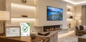 Completed luxury media wall with electric fireplace and TV, displaying a visible NICEIC Part P electrical installation certificate to indicate full regulatory compliance