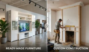 A split-view photograph contrasting media units. On the left is "Ready-Made Furniture," showing a glossy white pre-built cabinet in a showroom. On the right is "Custom Construction," showing a carpenter actively building a bespoke timber frame media wall around a chimney breast in a home.