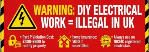 A red and yellow hazard warning banner stating: "WARNING: DIY ELECTRICAL WORK = ILLEGAL IN UK". It lists consequences like Part P violation costs (£300-£600), void home insurance, and advises using an NICEIC registered electrician.