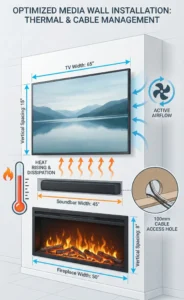 A detailed vertical infographic illustrating an optimized media wall with a fireplace, soundbar, and TV. Graphics show a thermometer icon and wavy orange arrows indicating "HEAT RISING & DISSIPATION" from the fireplace behind the devices. A fan icon shows "ACTIVE AIRFLOW" for ventilation. A circular inset highlights a "100mm CABLE ACCESS HOLE" drilled in the back panel for wire management. Dimensions for all components are clearly labeled.