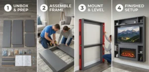 Four-panel photographic guide showing the steps to build a pre-made media wall: 1. Unboxing parts, 2. Assembling the frame, 3. Mounting and leveling on the wall, and 4. The finished setup.