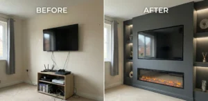 Split-screen "Before and After" photograph of a living room wall. The left shows a TV with messy cables; the right shows the same space transformed by a sleek dark grey pre-made media wall with hidden wires, integrated TV, and fireplace.