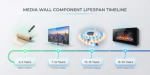 A horizontal timeline infographic showing the lifespan of media wall components. Milestones include: Paint Touch-up (2-3 Years), TV Screen (7-10 Years), LED Strips (10-15 Years), and Electric Fireplace (15-20 Years), plotted on a green-to-blue gradient line.