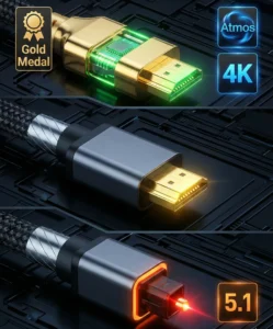 A high-tech 3D illustration comparing three vertical cable connectors. The top connector is a premium gold-plated HDMI cable with glowing green internal components, accompanied by "Gold Medal," "Atmos," and "4K" icons. The middle connector is a standard grey HDMI connector with a yellow glow. The bottom connector is a square Optical audio connector with a red glowing tip, accompanied by a "5.1" surround sound icon.