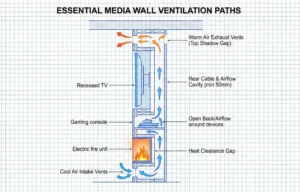 A technical blueprint diagram titled "ESSENTIAL MEDIA WALL VENTILATION PATHS". It shows a cross-section of a media wall indicating cool air intake at the bottom, airflow around the TV and console, and warm air exhaust at the top shadow gap.