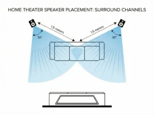 Home Theater Surround Channels Placement Diagram Alt Text: Ek top-down view floor plan jo home theater mein pichle (surround) speakers ki sahi jagah dikhata hai. Diagram mein sofa ke peeche do speakers 1.5 meter ki doori par aur 30-degree ke angle par mude hue hain, jisse neele rang ke cones seating area ko cover kar rahe hain. Iska title "HOME THEATER SPEAKER PLACEMENT: SURROUND CHANNELS" hai.