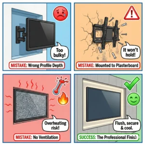 A four-panel comic strip titled "Media Wall Mistakes". Top left: A TV sticking out of an alcove with a sad emoji and text "MISTAKE: Wrong Profile Depth", "Too bulky!". Top right: A bracket pulling away from a cracked plaster wall with a warning icon and text "MISTAKE: Mounted to Plasterboard", "It won't hold!". Bottom left: A TV tightly fitted with heat lines and a bursting thermometer icon with text "MISTAKE: No Ventilation", "Overheating risk!". Bottom right: A perfectly flush, backlit TV with a happy emoji, checkmark icon and text "SUCCESS: The Professional Finish", "Flush, secure & cool.".