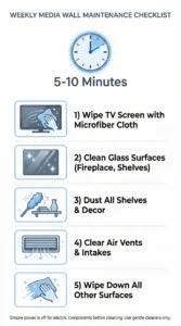 A vertical, minimalist infographic titled 'Weekly Maintenance'. A central clock icon indicates a '5-10 Minutes' duration. Below, five icons list tasks: wiping the TV screen, polishing glass, dusting shelves, checking air vents, and wiping down general surfaces.