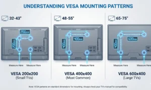An educational infographic titled 'UNDERSTANDING VESA MOUNTING PATTERNS'. It displays the backs of three different-sized televisions (32-43", 48-55", and 65-75") side-by-side. Glowing blue arrows and rulers demonstrate how to measure the horizontal and vertical distance between the four mounting holes to determine the VESA size (e.g., 200x200mm, 400x400mm, and 600x400mm). Text at the bottom advises checking the TV manual for compatibility.