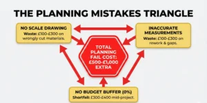 A diagram titled "THE PLANNING MISTAKES TRIANGLE". It shows three nodes: "No Scale Drawing", "Inaccurate Measurements", and "No Budget Buffer", all pointing to a central red hub labeled "TOTAL PLANNING FAIL COST: £500-£1,000 EXTRA".