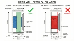 A technical infographic titled 'MEDIA WALL DEPTH CALCULATION' comparing two cross-section diagrams of a wall alcove. On the left, a 'CORRECT SETUP' shows a 100mm deep alcove with a thin 28mm mount and 50mm of airflow space, allowing the TV to sit flush inside the wall. A green checkmark indicates this is correct. On the right, an 'INCORRECT SETUP' shows the same 100mm alcove but with a thick 45mm mount, leaving only 5mm of space and causing the TV to protrude past the alcove line. A red X indicates this is incorrect.