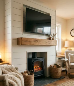 Cozy farmhouse living room with a white shiplap media wall. A TV is mounted above a chunky rustic wood mantelpiece, with a traditional black electric stove fireplace recessed below, flanked by log baskets.