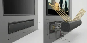 A split-screen 3D visualization comparing two media wall setups for a Sonos Arc soundbar. The left panel, titled "TV OFF - FLUSH", shows the soundbar recessed smoothly into a grey wall beneath an inactive TV. The right panel, titled "TV ON - EXTENDED", shows the soundbar pushed forward 5 inches on a detailed mechanical bracket arm, with golden sound wave graphics shooting upwards towards an active television screen showing an action scene.