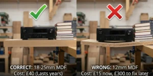 A side-by-side comparison of media wall shelves under weight. The left shows a sturdy 18-25mm MDF shelf marked correct with a green tick. The right shows a thin 12mm MDF shelf bowing significantly marked wrong with a red X.