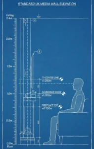 A technical blueprint elevation drawing on blue paper for a standard UK wall (2.4m ceiling height). A vertical measuring tape on the left marks key installation levels: "FIREPLACE TOP +0.700m", "SOUNDBAR SHELF +1.000m", and "TV CENTER LINE +1.250m". A white outline silhouette of a person sitting on a sofa on the right demonstrates that their eye level aligns perfectly with the center of the TV screen.