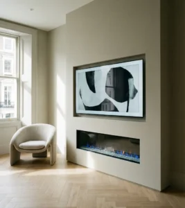 Minimalist living room featuring a seamless, floor-to-ceiling beige painted media wall housing a flush-mounted TV displaying abstract art and a modern linear electric fireplace with blue flames.