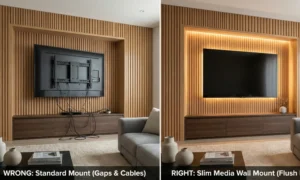 A split-screen photo comparing two media wall installations in a living room. The left side, labeled "WRONG: Standard Mount (Gaps & Cables)", shows a TV on a bulky bracket protruding from a wood-slatted alcove, with visible messy cables hanging down. The right side, labeled "RIGHT: Slim Media Wall Mount (Flush Finish)", shows the same setup but with the TV mounted flush inside the alcove, hidden cables, and warm LED backlighting enhancing the wood slats.