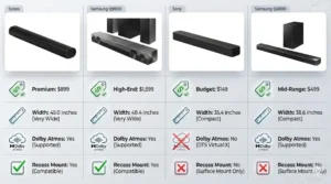 Premium vs. Budget Soundbar Comparison Matrix Alt Text: Ek clean aur modern comparison chart jisme char alag-alag soundbars (Sonos Arc, Samsung Q990D, Sony HT-SF150, Samsung Q600D) ko compare kiya gaya hai. Is table mein har soundbar ki photo ke niche uska Price, Width, Dolby Atmos support, aur Recess Mount compatibility ke liye icons aur text diye gaye hain.