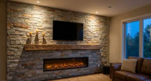 Rustic-modern living room at dusk featuring a large media wall clad in stacked stone veneer. It includes a mounted TV, a rough timber beam mantelpiece with candles, and a wide integrated electric fireplace.