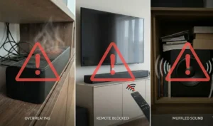 Teen photos ka ek collage jo sound system installation ki aam ghaltiyan dikhata hai, sab par laal rang ka 'Caution' triangle hai. Pehli photo mein ek soundbar tight shelf mein 'OVERHEATING' ho raha hai. Doosri photo mein soundbar TV ke remote sensor ko block kar raha hai ('REMOTE BLOCKED'). Teesri photo mein subwoofer ek band cupboard ke andar hai jisse sound dab rahi hai ('MUFFLED SOUND').