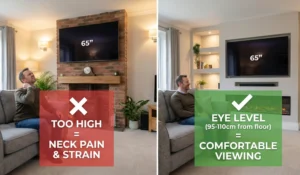 A side-by-side comparison of TV viewing heights. The left shows a man with neck pain looking at a TV mounted too high above a fireplace. The right shows the same man comfortable viewing at eye level (95-110cm from floor) in a modern media wall.