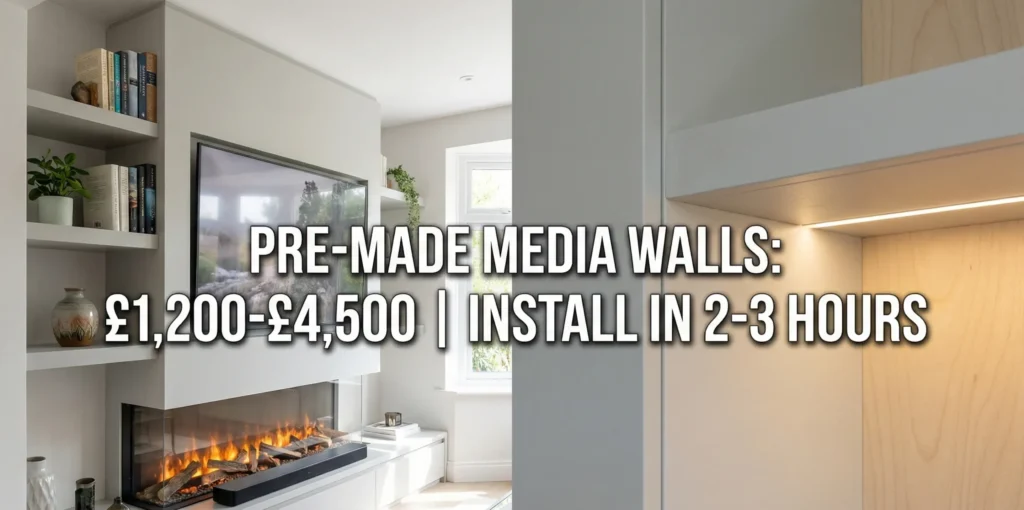 Split-screen comparison showing a completed light grey pre-made media wall with a TV and electric fireplace on the left, and a close-up detail of the wood construction and LED lighting on the right. Text overlay indicates price range and installation time.