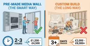 Infographic illustrating the difference between "Pre-made Media Walls" (easy assembly, fast, lower cost) shown on the left with a checkmark, and "Custom Build" (messy, slow, expensive) shown on the right with a red X.