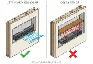 Standard vs. Dolby Atmos Soundbar: Sound Path Diagram Alt Text: Ek technical cross-section diagram jo standard soundbar aur Dolby Atmos soundbar ke beech ka farak dikhata hai. Left side par standard soundbar hai jo seedha sound bhej raha hai (sahi tareeka). Right side par Dolby Atmos soundbar hai jo upar shelf hone ki wajah se uska upward-firing sound block ho raha hai (galat tareeka). Niche likha hai "OPTIMAL VS. BLOCKED SOUND PATHWAYS".