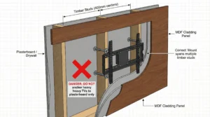 A 3D technical cross-section of a media wall, showing internal layers. The outer layer is "MDF Cladding Panel", followed by "Plasterboard / Drywall". Behind are three vertical "Timber Studs (400mm centers)". A TV bracket is securely attached to the studs with large bolts, with text "Correct: Mount spans multiple timber studs". A red 'X' and warning label on the plasterboard read: "DANGER: DO NOT anchor heavy TVs to plasterboard only".