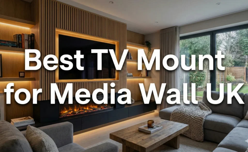A luxurious modern living room featuring a custom wood slat media wall with a large TV mounted flush, warm integrated LED lighting, and a linear electric fireplace below. Large white text overlaid across the center reads: "Best TV Mount for Media Wall UK".