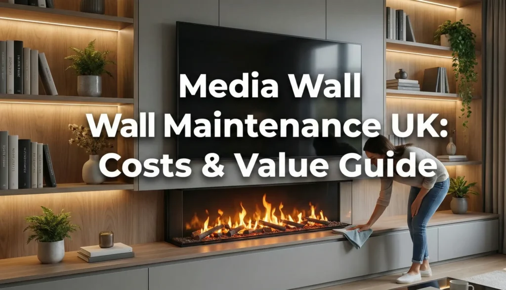 Modern living room media wall feature image with text overlay 'Media Wall Maintenance UK: Costs & Value Guide